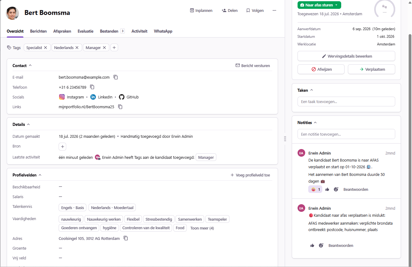 Tellent Recruitee-kandidaatdossier met een notitie over ontbrekende AFAS-gegevens en een notitie over een geslaagde verwerking