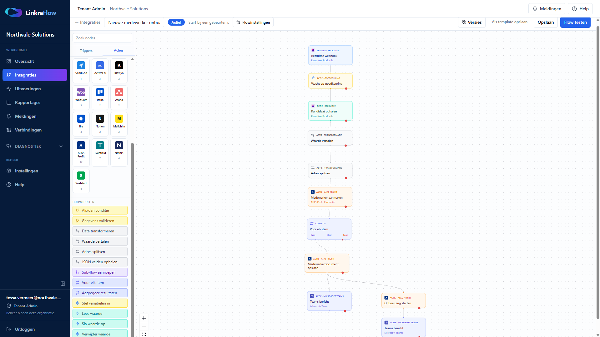 LinkraFlow-flow waarin een aangenomen kandidaat vanuit Tellent Recruitee als medewerker wordt aangemaakt of naar onboarding in AFAS gaat