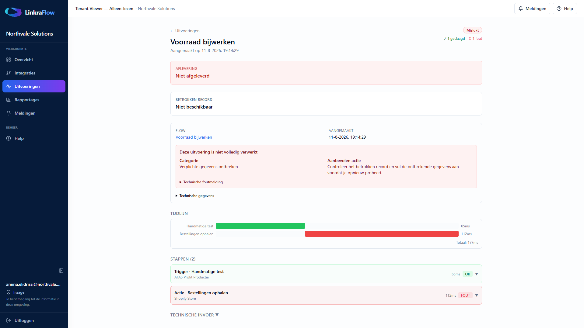 Mislukte LinkraFlow-uitvoering met begrijpelijke foutcategorie, aanbevolen actie en stappentijdlijn
